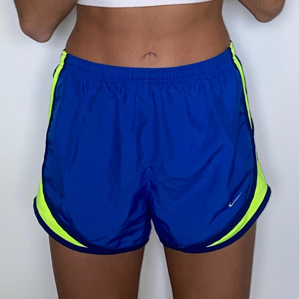 Nike Blue Athletic Shorts with Yellow Side Panel